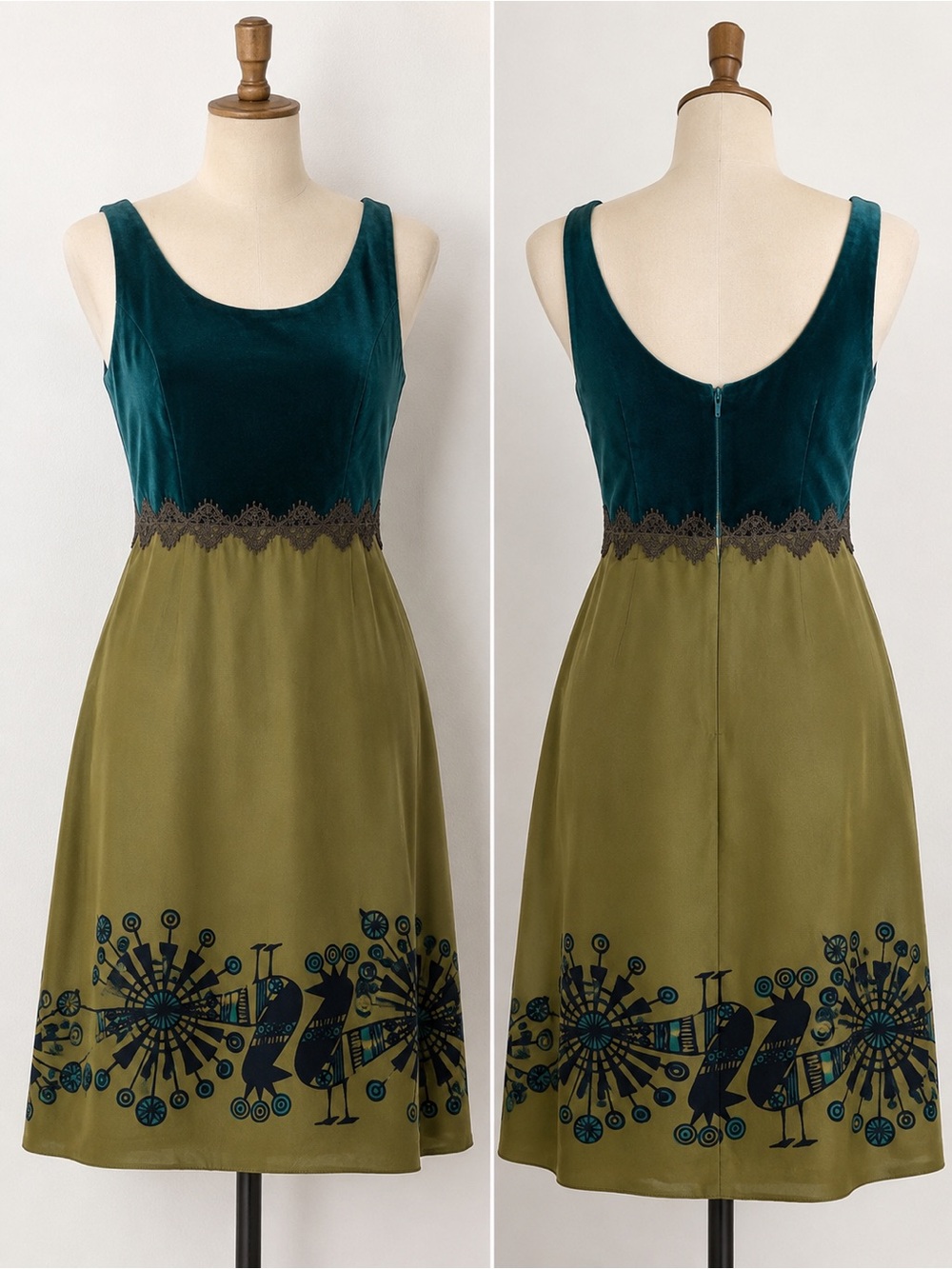 Anna Sui Teal Velvet Bodice Olive Green Skirt Dress with Navy Bird Motif